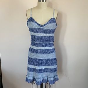 Blue and white mini dress with shirring and ruffle